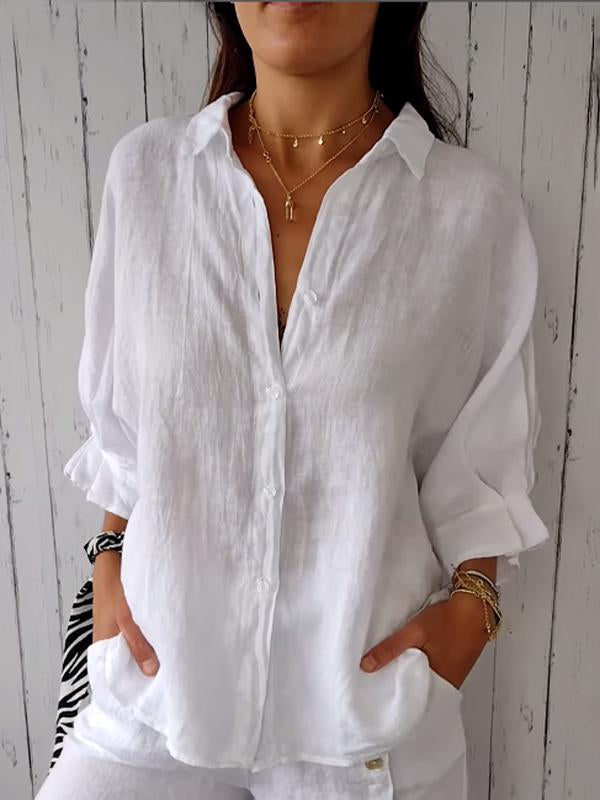 Camisa casual de algodón y lino de color liso