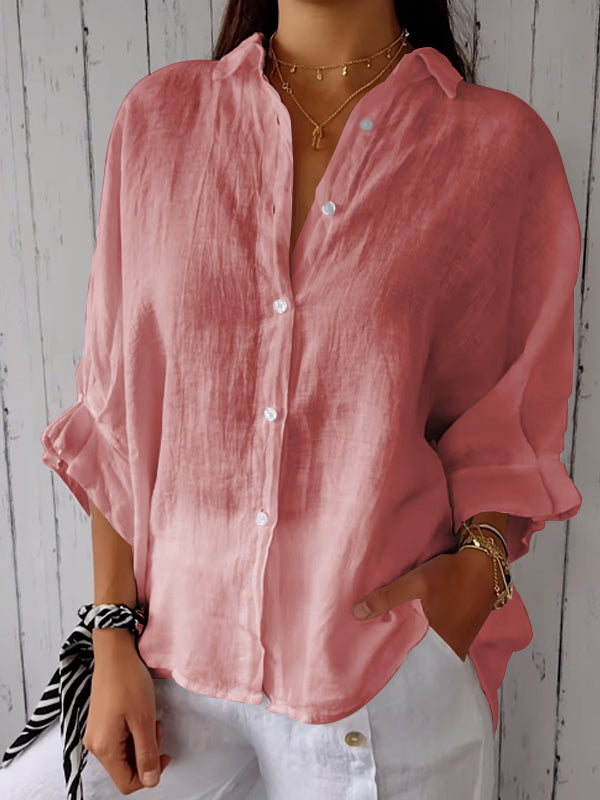 Camisa casual de algodón y lino de color liso