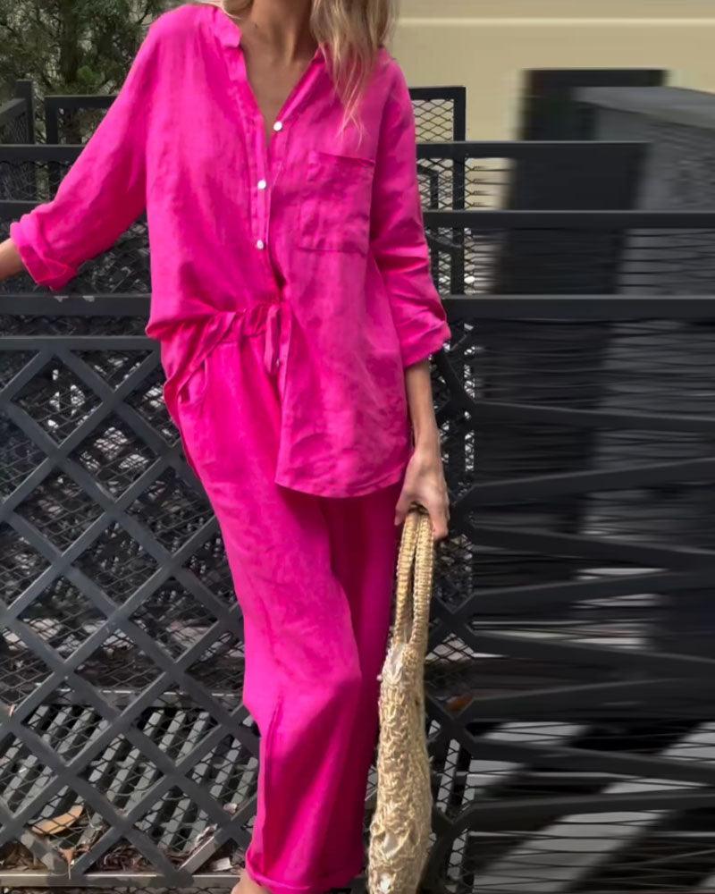 Conjunto informal de dos piezas con camisa y pantalones de algodón y lino