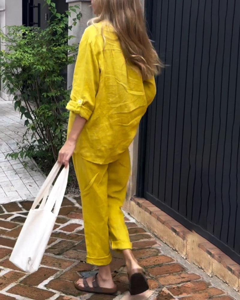 Conjunto informal de dos piezas con camisa y pantalones de algodón y lino