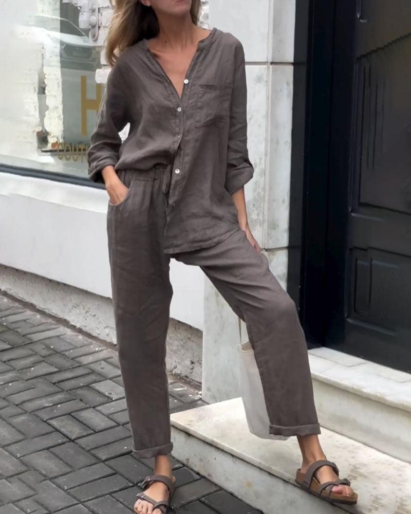 Conjunto informal de dos piezas con camisa y pantalones de algodón y lino