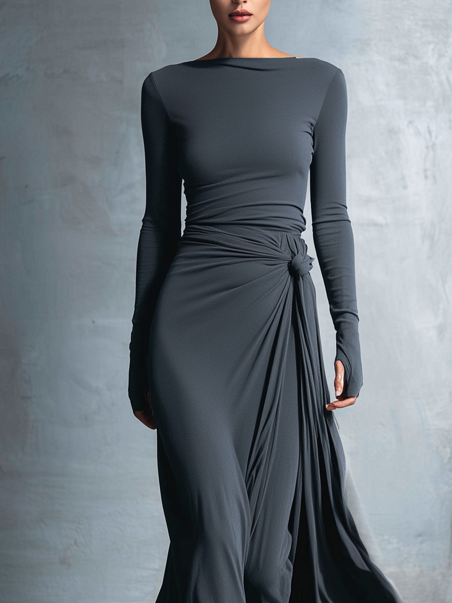VESTIDO LARGO DRAPEADO CON NUDO LATERAL