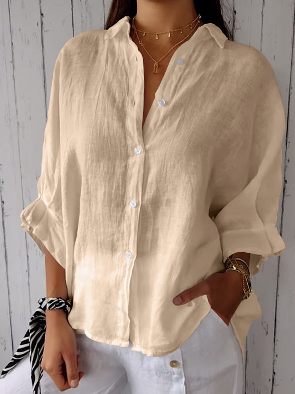 Camisa casual de algodón y lino de color liso