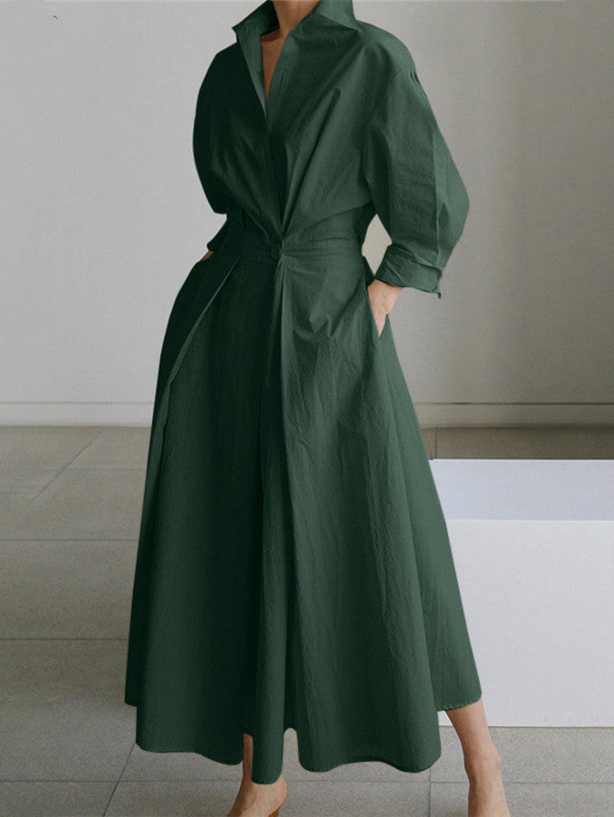 Vestido midi liso con solapa, botones y bolsillos