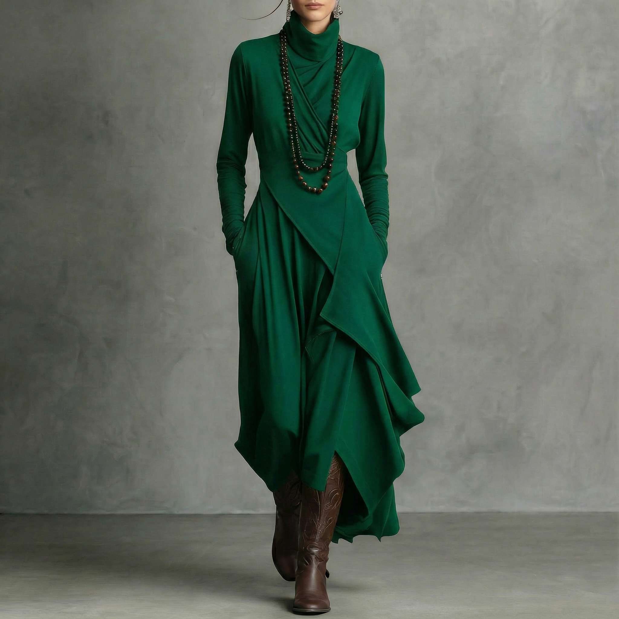 VESTIDO MIDI ASIMÉTRICO DE CUELLO ALTO