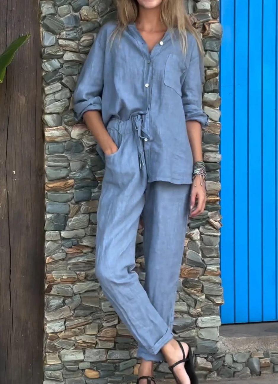 Conjunto informal de dos piezas con camisa y pantalones de algodón y lino