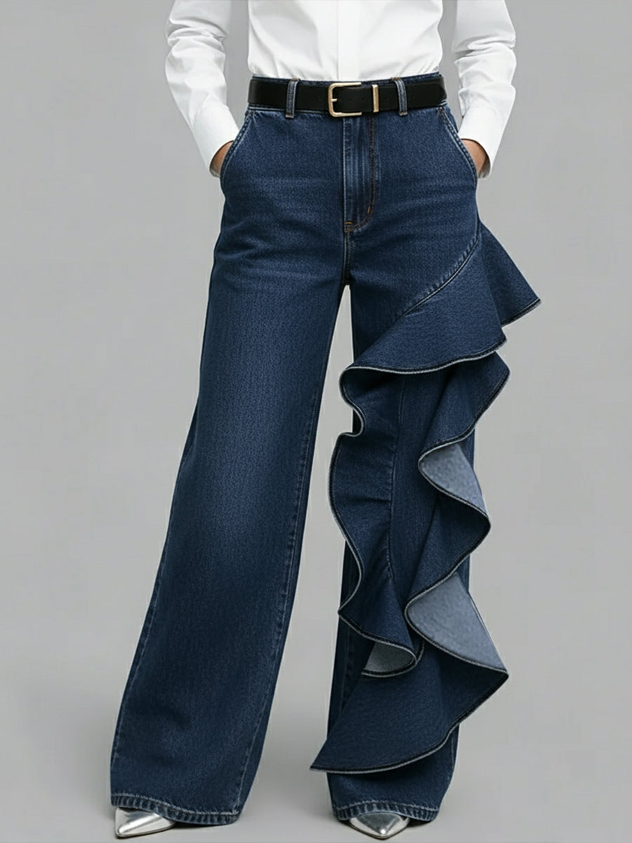 PANTALÓN VAQUERO WIDE LEG CON VOLANTE ASIMÉTRICO