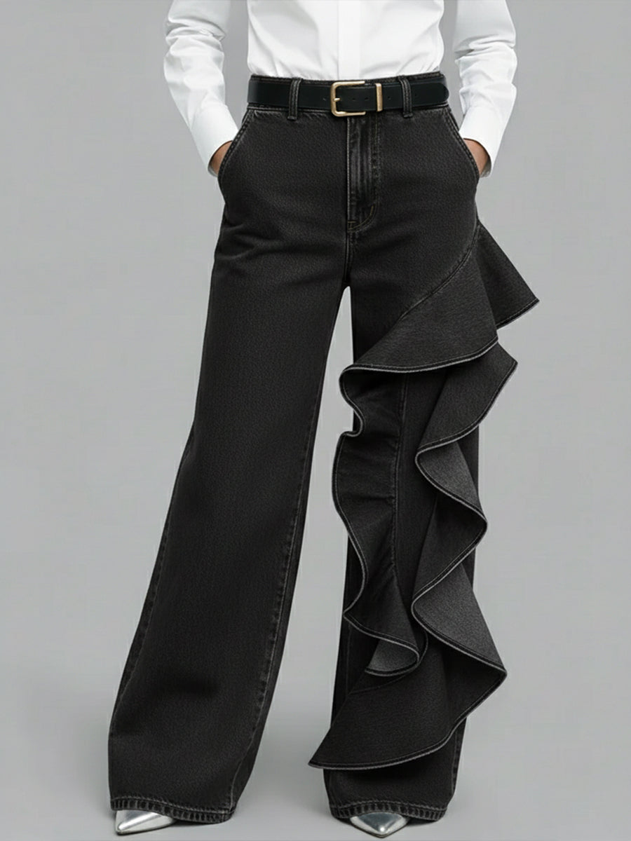 PANTALÓN VAQUERO WIDE LEG CON VOLANTE ASIMÉTRICO