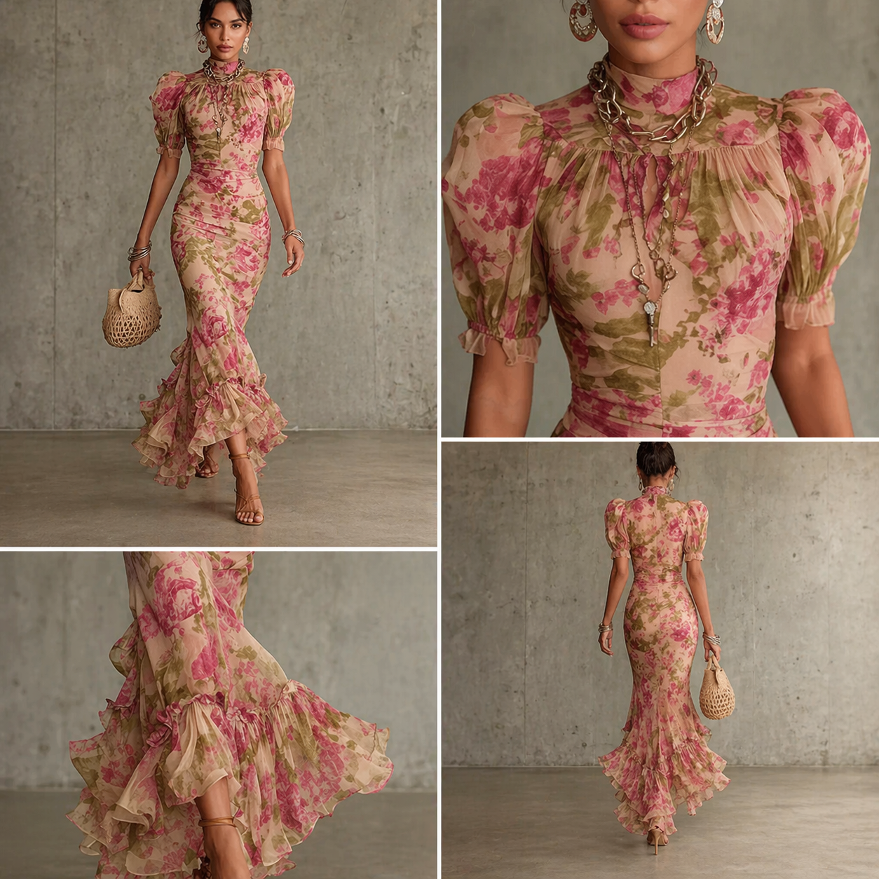 SAE | Vestido largo con volantes de rosas