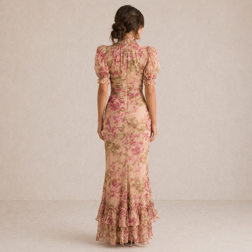 SAE | Vestido largo con volantes de rosas