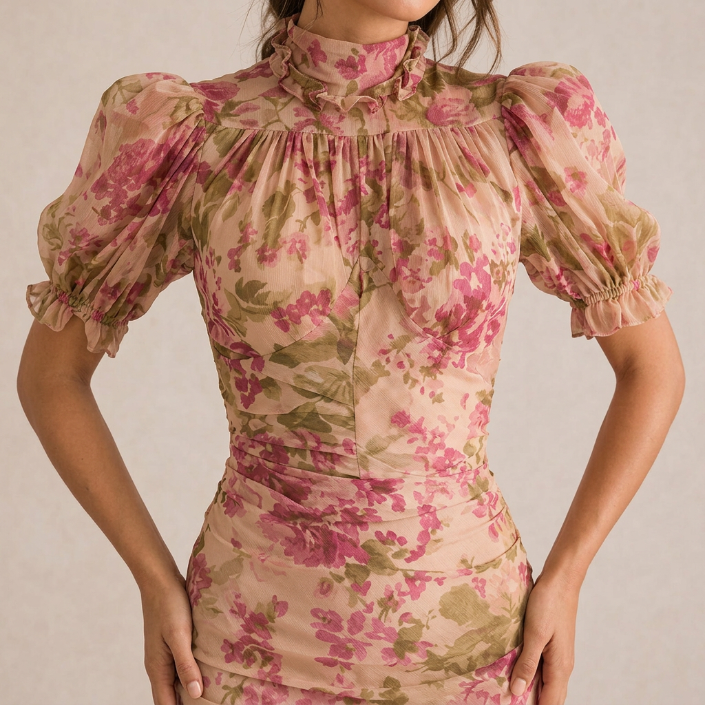 SAE | Vestido largo con volantes de rosas