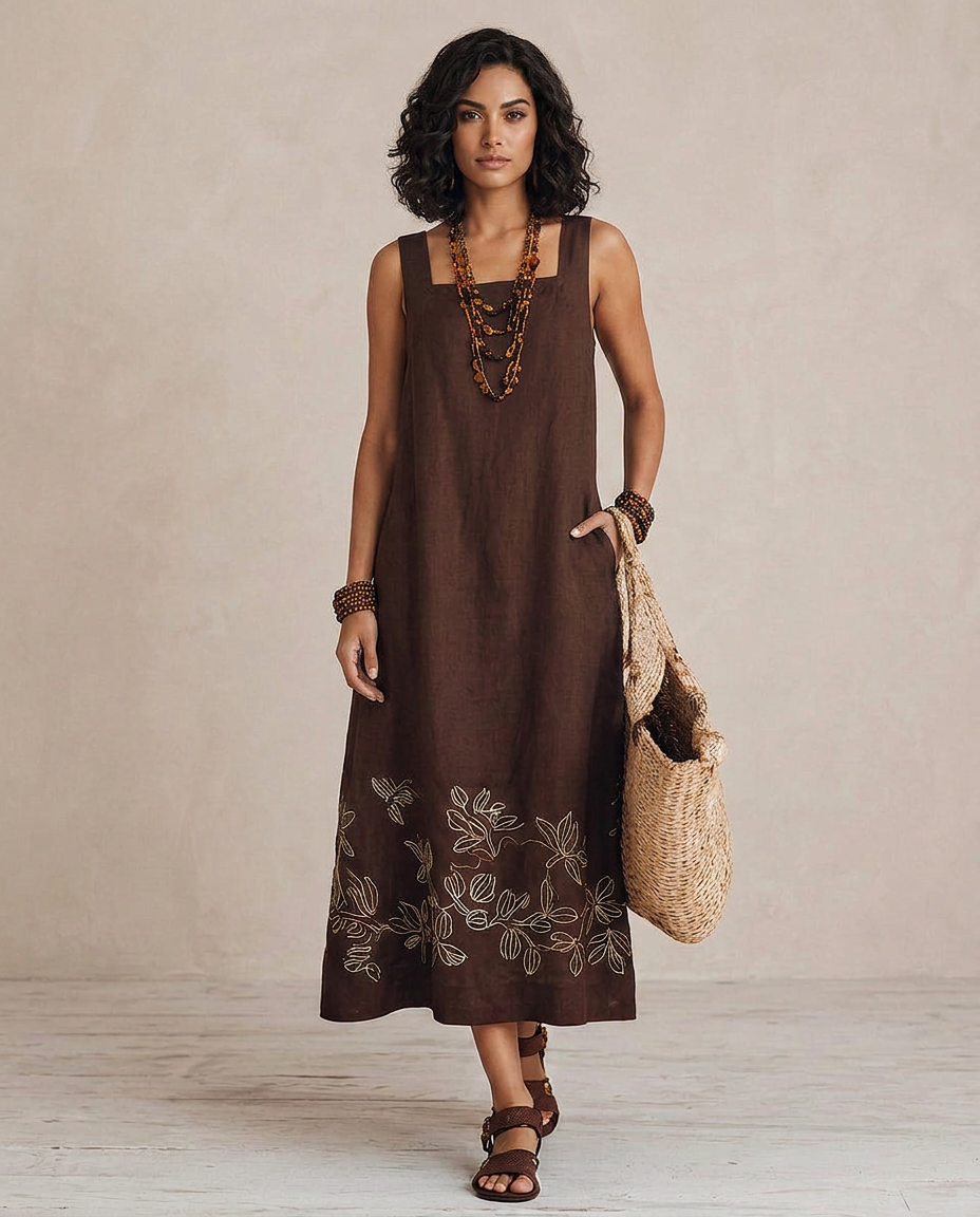 NOEMI | Vestido midi de lino boho bordado