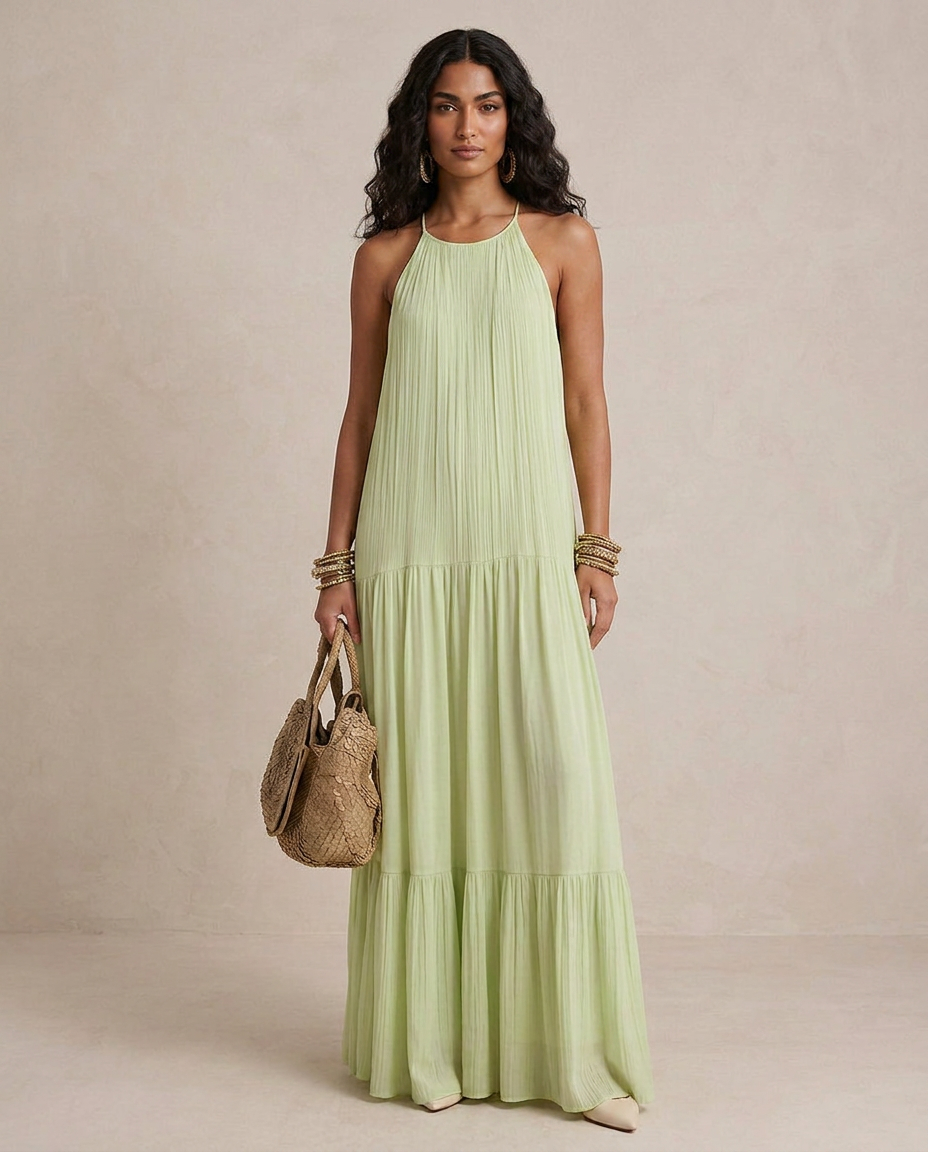 LIVIA | Vestido largo bohemio verde pistacho