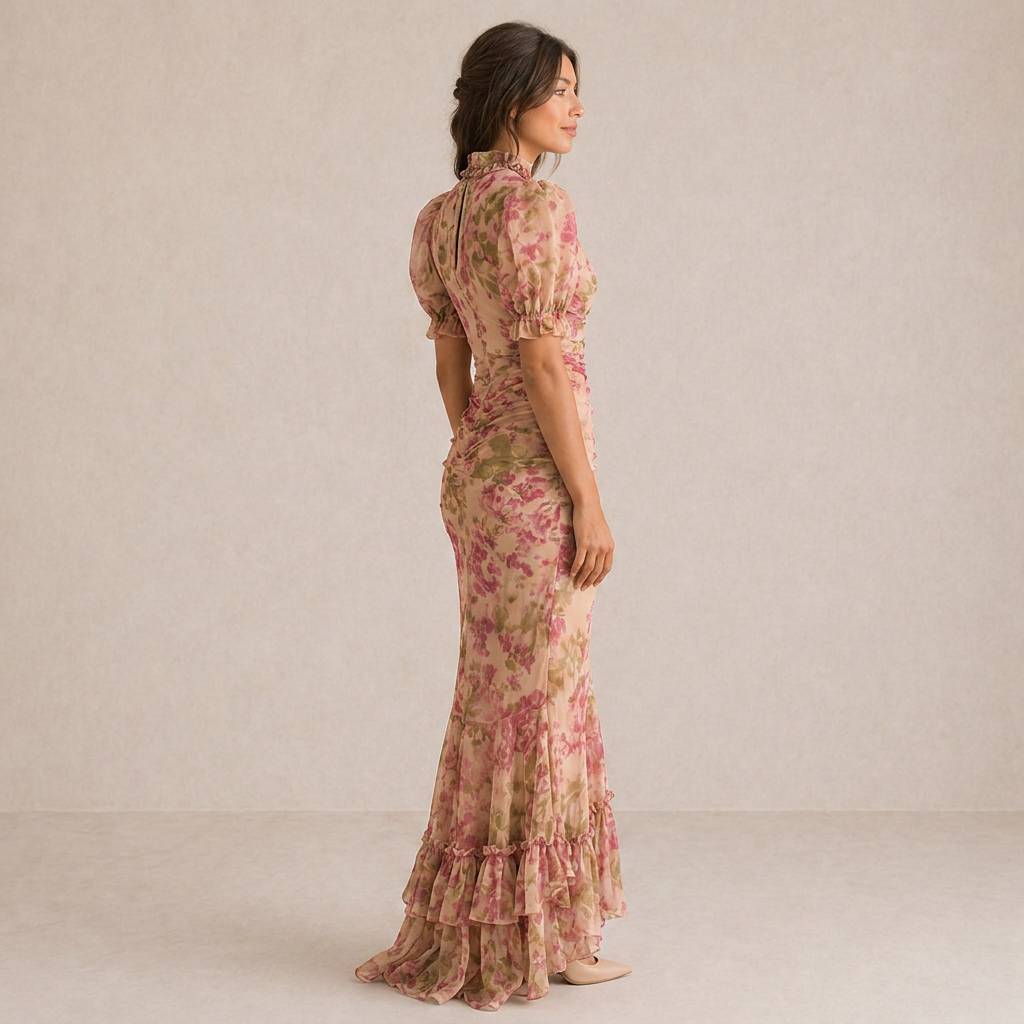 SAE | Vestido largo con volantes de rosas